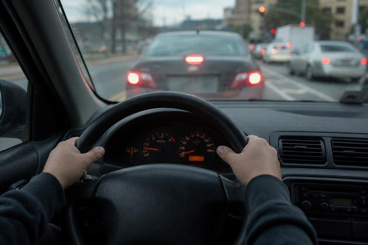Driver's perspective from behind the steering wheel while in traffic