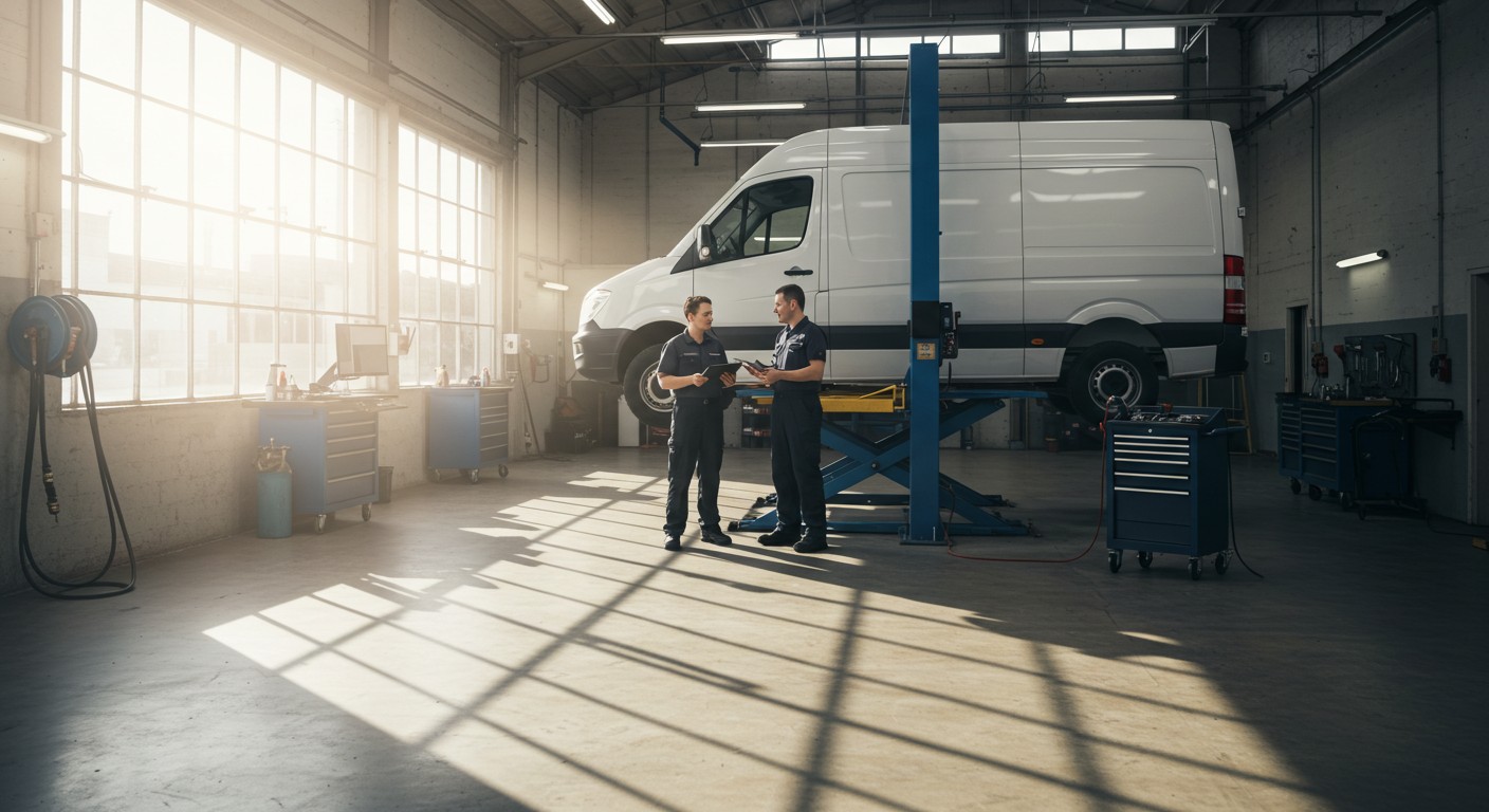 Two mechanics discussing service records in a garage with a van on a lift