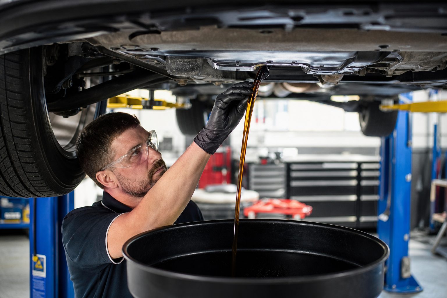 Technician draining engine oil into a collection pan beneath a lifted vehicle
