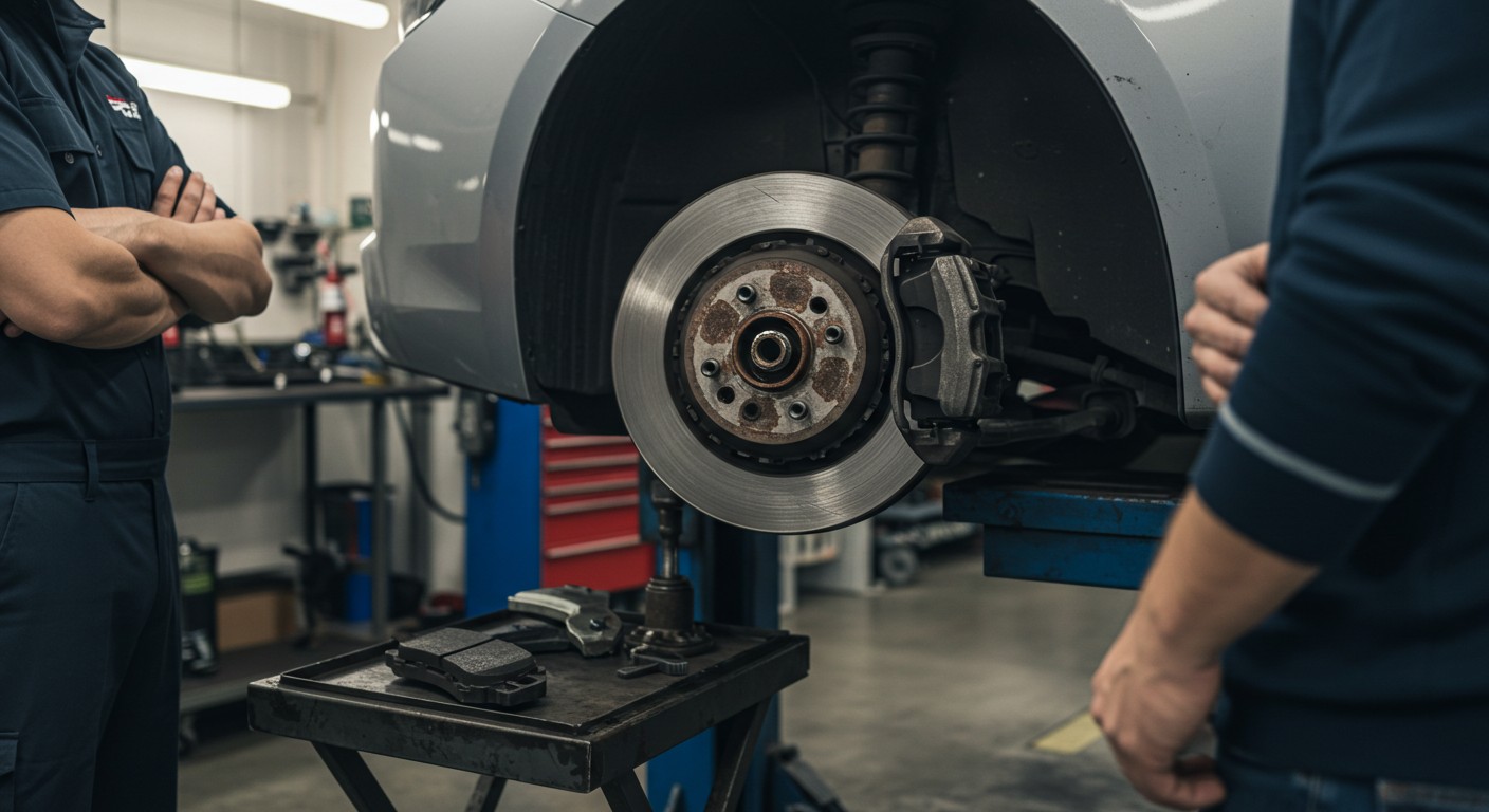 A mechanic standing next to a car with the wheel removed, exposing the brake rotor and caliper