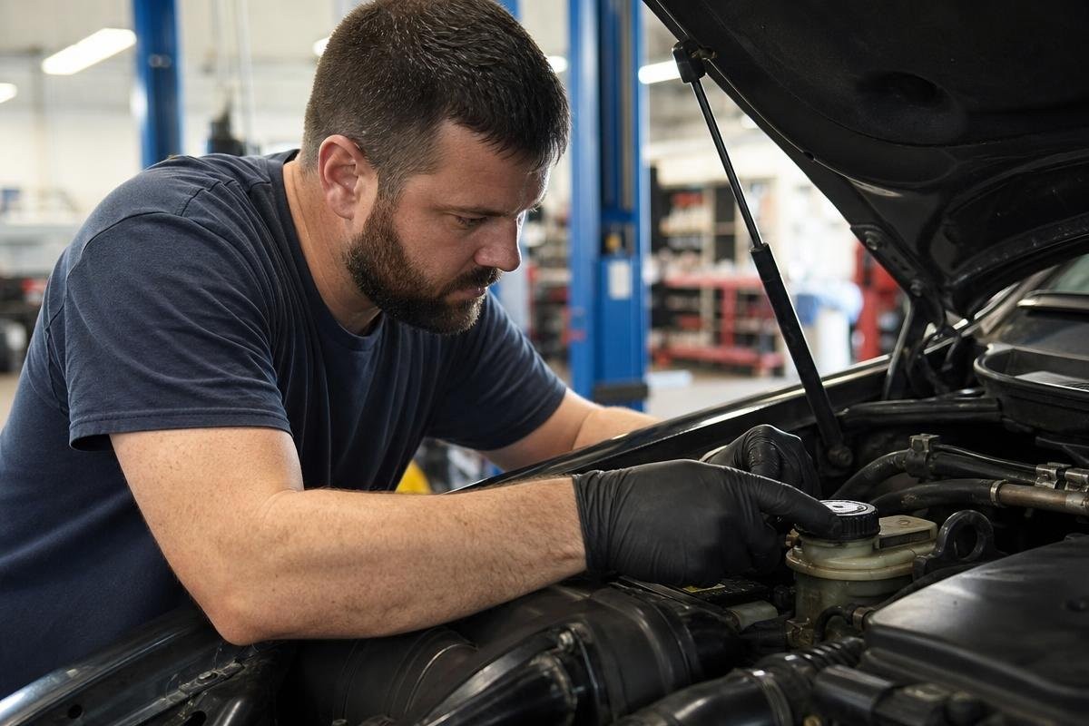 Mechanic working on the engine of a car in a repair shop