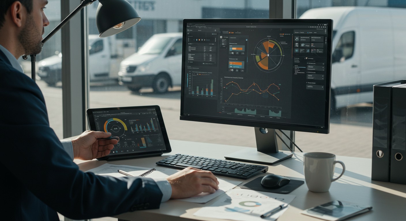 A person reviewing fleet management data dashboards on a computer monitor and tablet