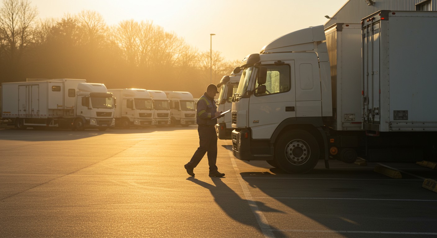 A fleet manager inspecting a truck in a parking lot at sunrise