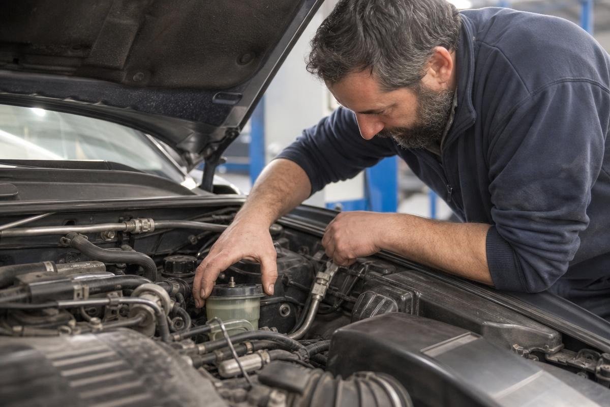 Technician inspecting power steering components in an engine bay