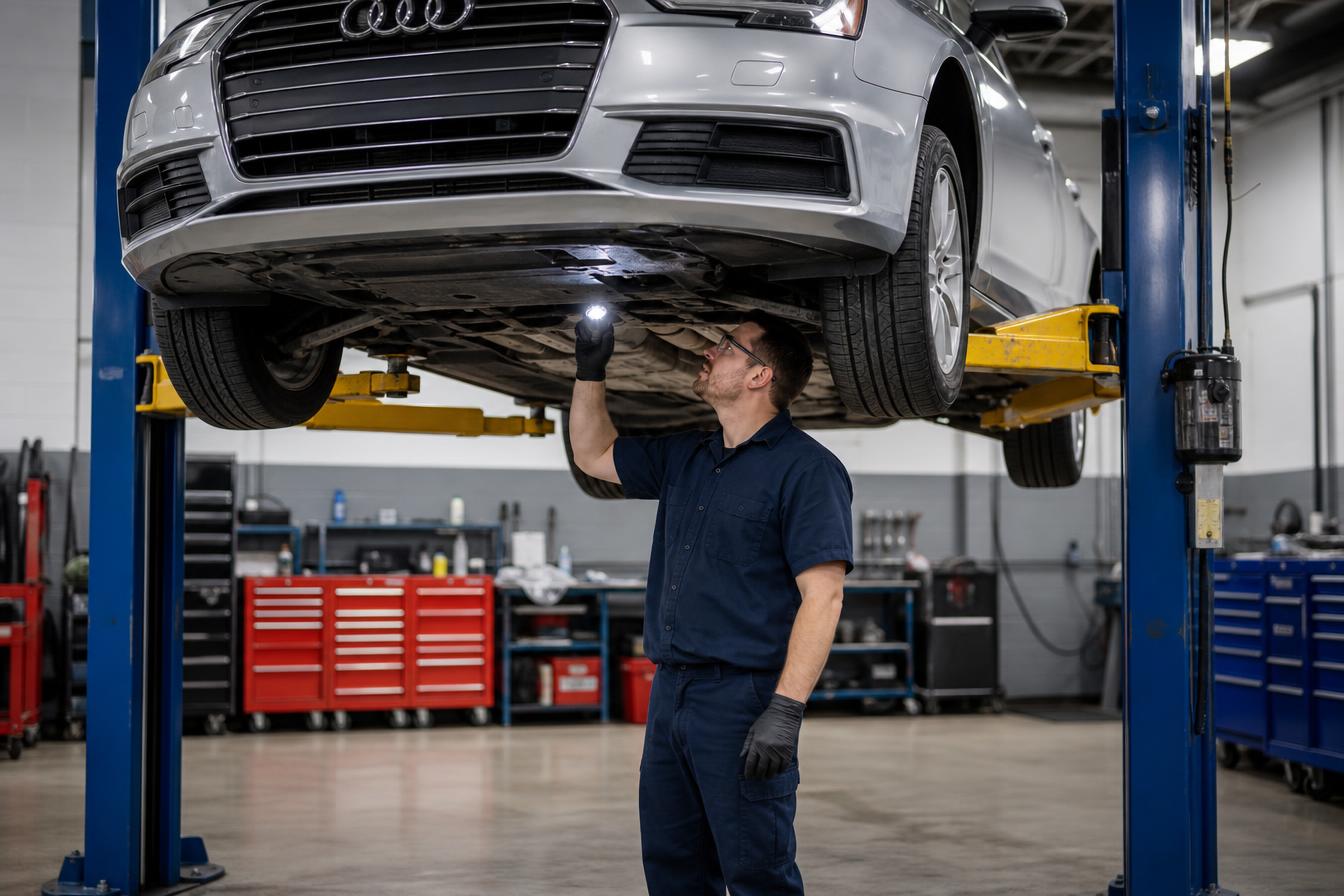 ASE-certified technician inspecting an Audi sedan raised on a two-post hydraulic lift