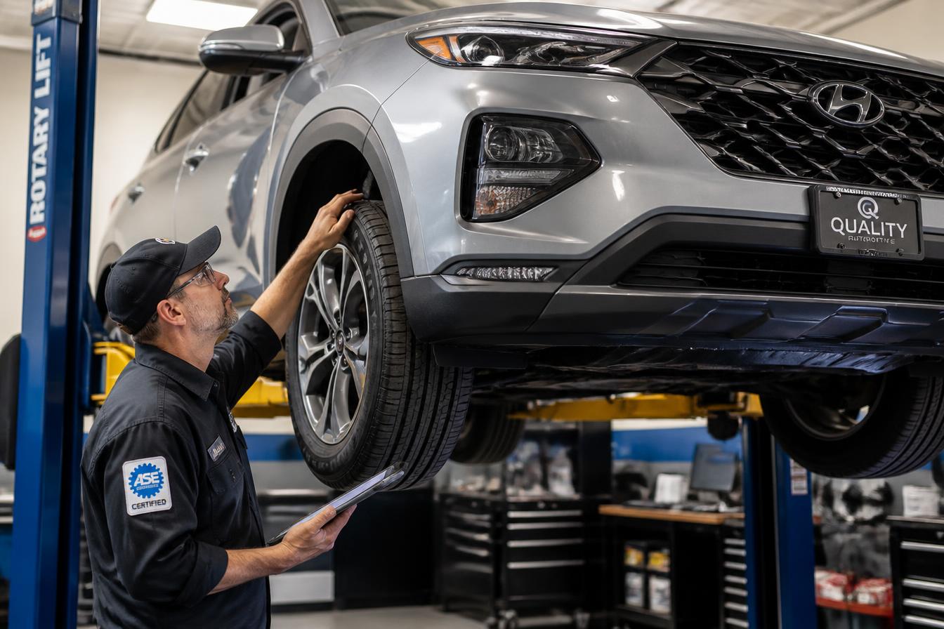 ASE-certified technician inspecting a Hyundai SUV on a lift in the service bay