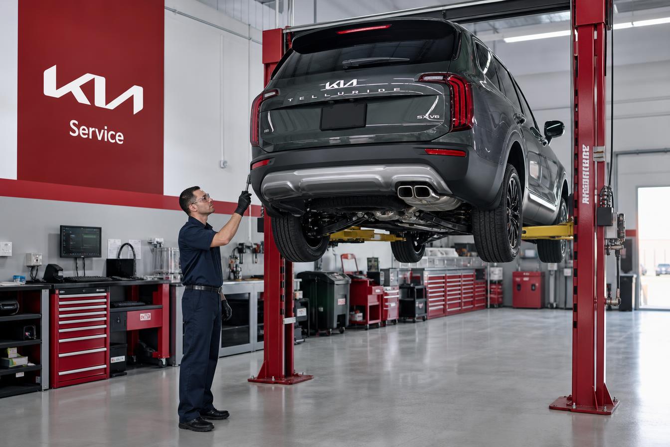 ASE-certified technician inspecting a Kia SUV on a lift in the service bay