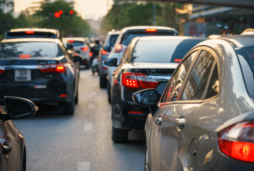 Cars stuck in stop and go traffic during rush hour on a city street with red lights ahead.
