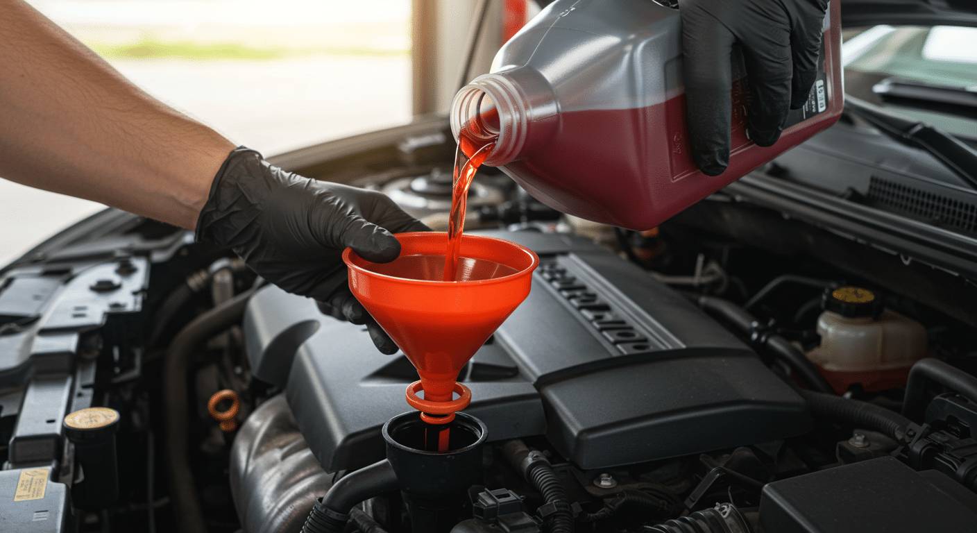 Pouring transmission fluid into car engine