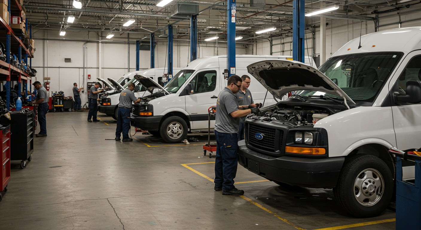 Fleet mechanics servicing work vans.