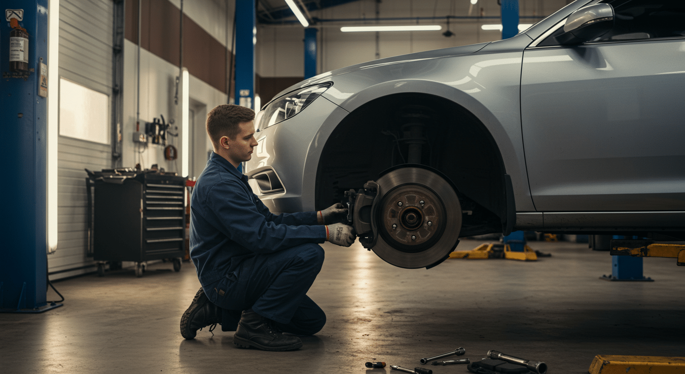Mechanic working on car brakes.