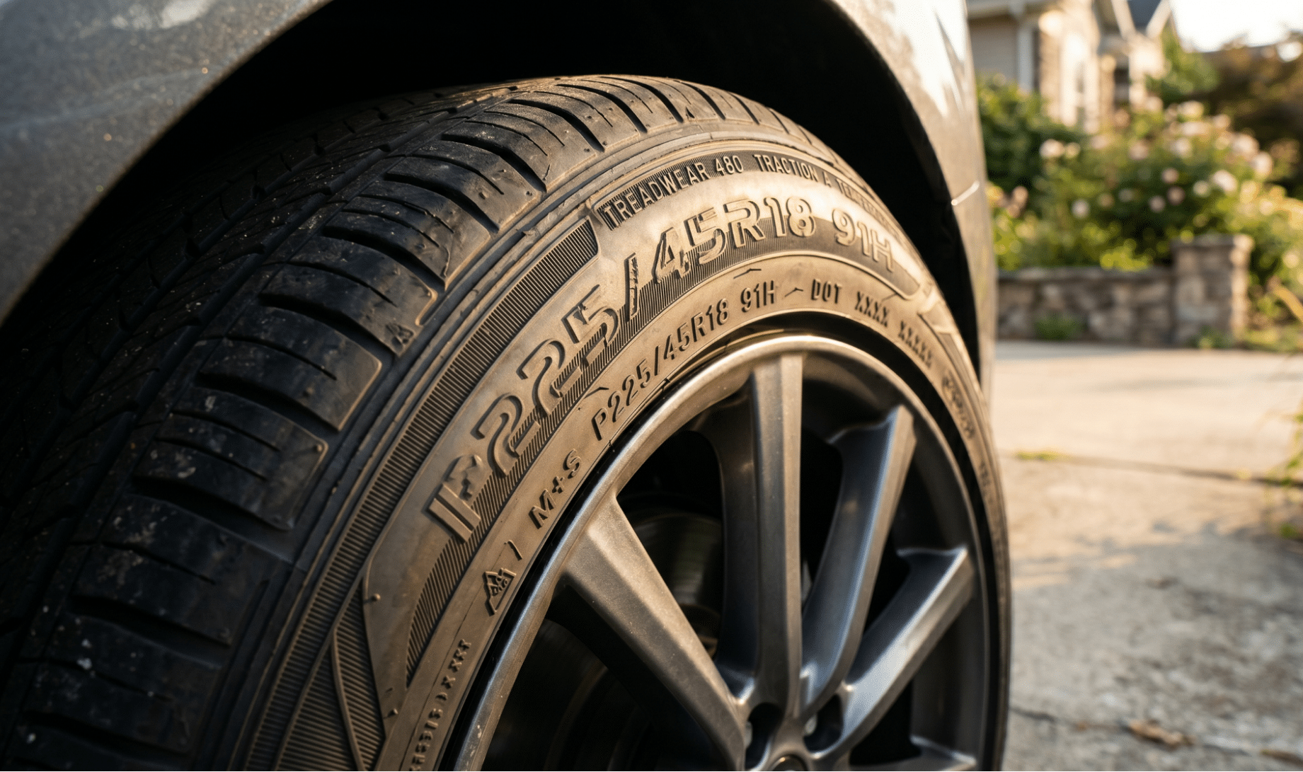 Close-up of a car tire sidewall on an alloy wheel showing molded markings in sunlight
